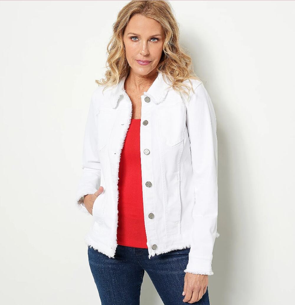 Susan Graver Stretch Denim Size M White Button-Front Frayed Jean Jacket